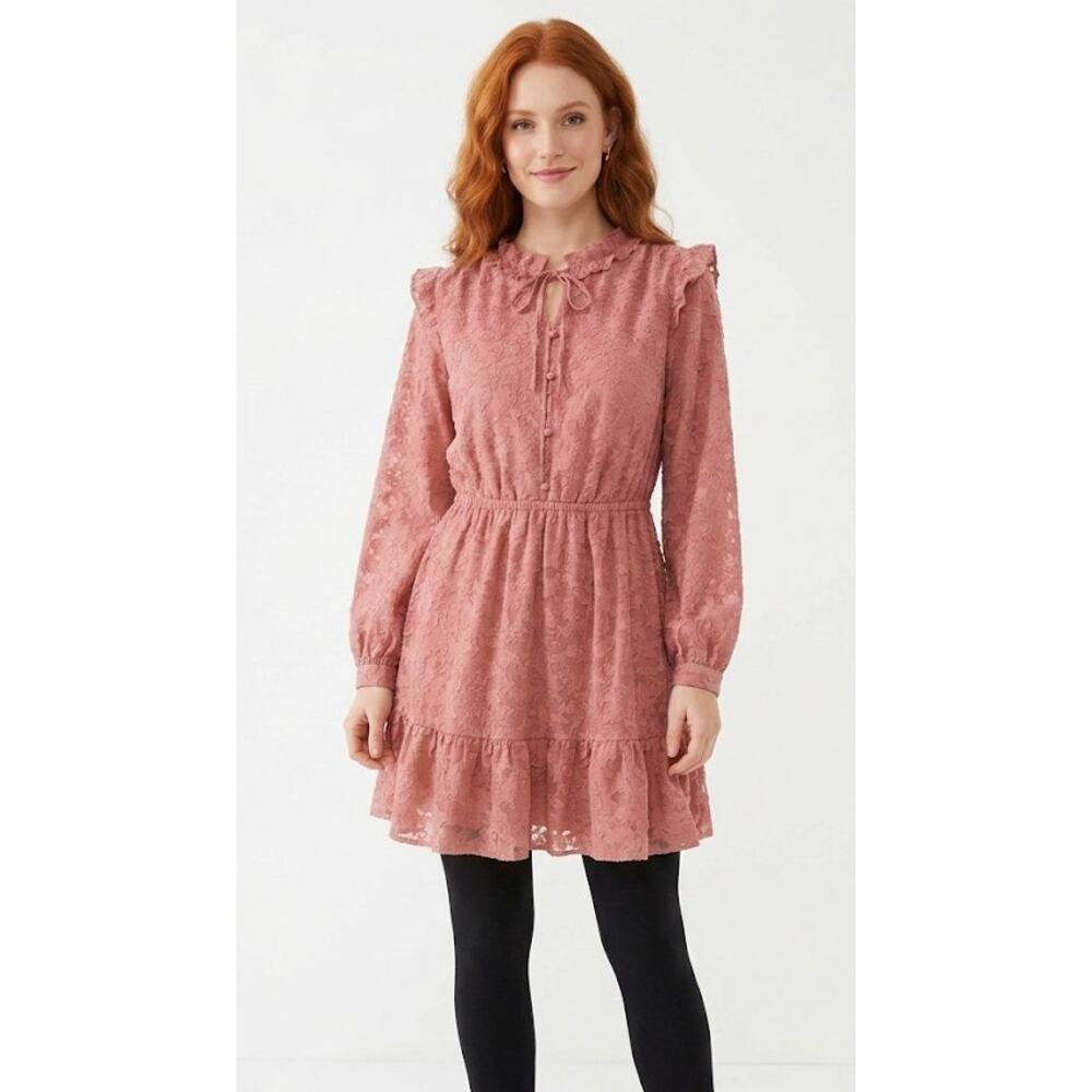 Lauren Conrad  Mauve Lace Long Sleeve Ruffle Mini Dress Tunic With Tie Neck